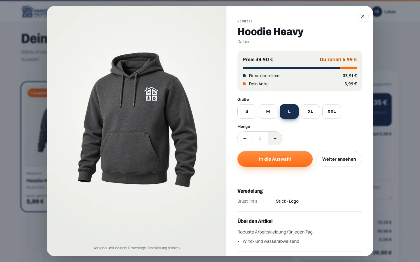 Produktansicht im Firmenshop: Hoodie mit Größenwahl, Menge, Stick Brust links und Aufteilung des Preises in Firmenanteil und Eigenanteil