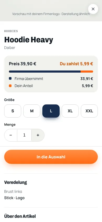 Artikelansicht auf dem Smartphone mit Größenwahl und Preis