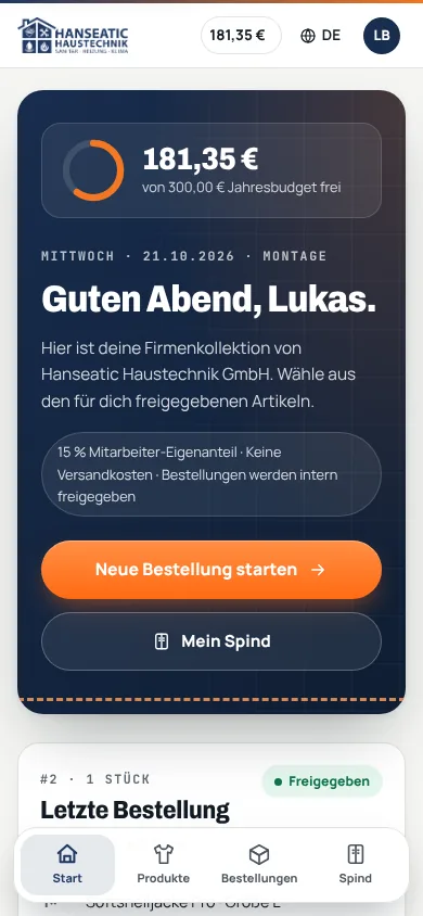 Startseite des Mitarbeitershops auf dem Smartphone mit Budget und Kollektion