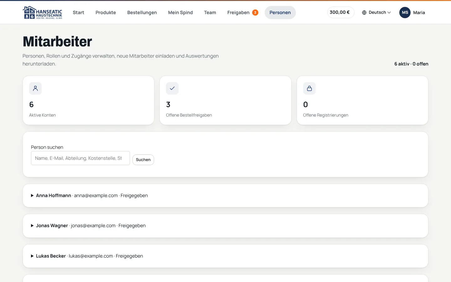 Personenliste für Verantwortliche im Firmenshop: aktive Konten, offene Freigaben, Registrierungen und Mitarbeitende mit Abteilung und Kostenstelle