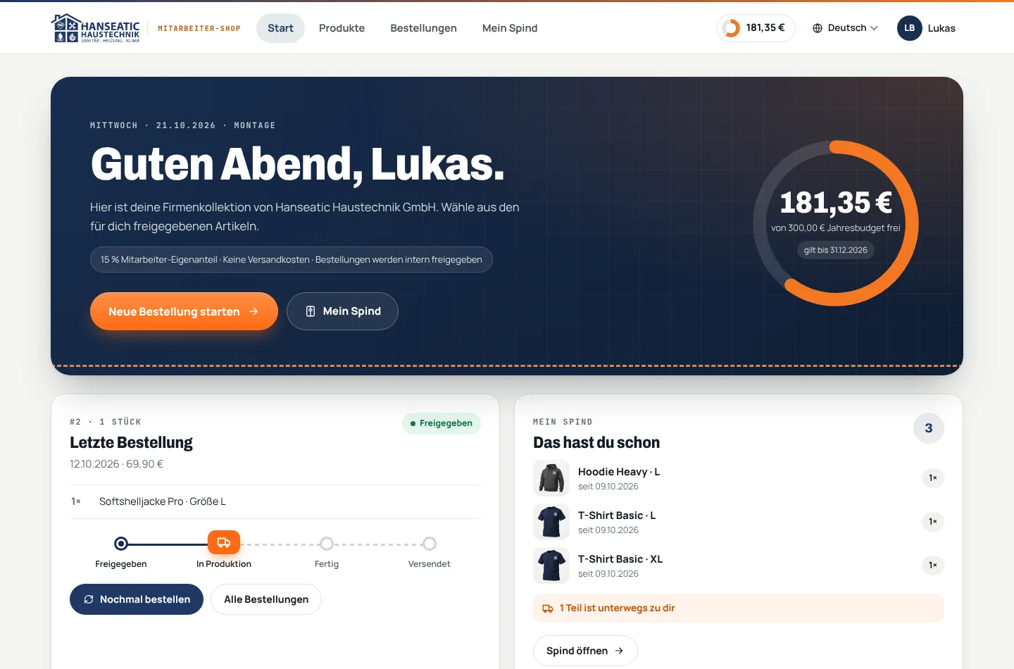 Echter Firmenshop im WorkwearCenter: Startseite mit Jahresbudget, letzter Bestellung und Kollektion des Musterunternehmens Hanseatic Haustechnik